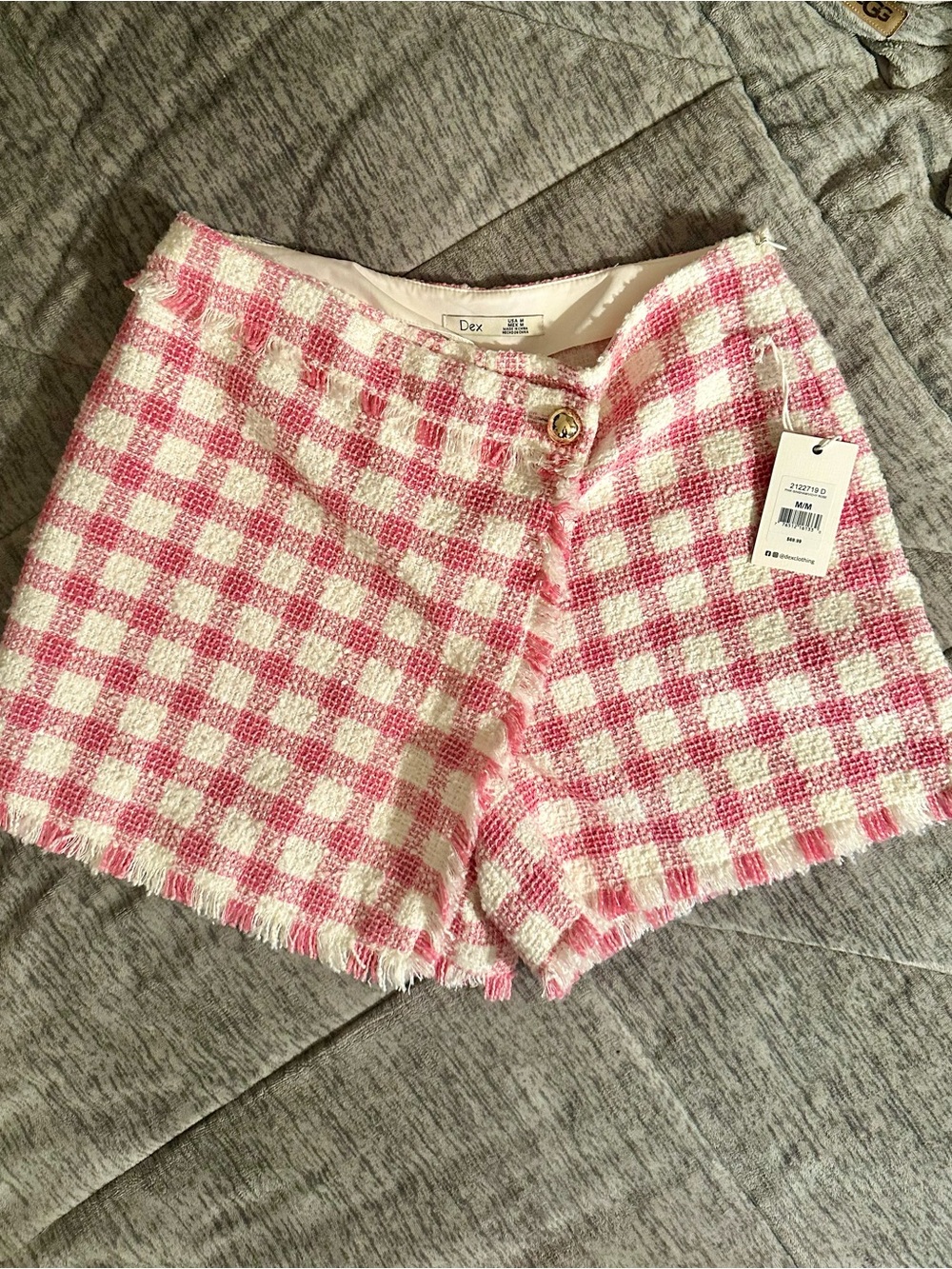 Dex Pink and White Gingham Tweed Shorts with Frayed Hem